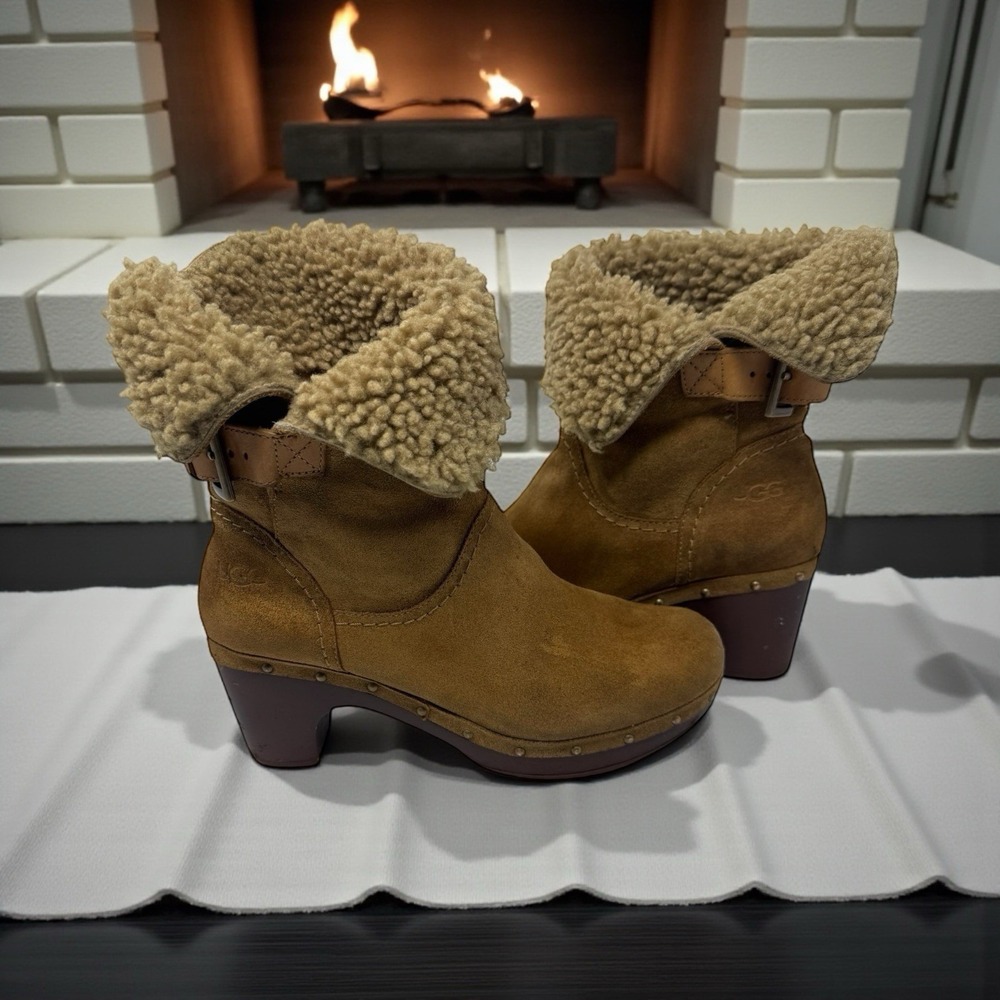 Y2K ❄️UGG Australia 🤑Brown Suede Sheepskin Shearling Clog Platform Boots Size 7
